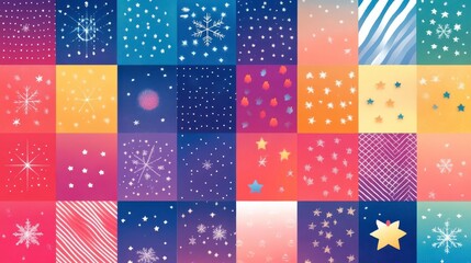 Poster - A colorful collage of patterns featuring stars and snowflakes set against vibrant backgrounds, creating a festive and whimsical atmosphere.