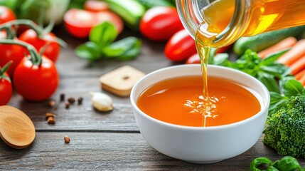 Poster - Fresh Vegetable Cooking Oil Pouring into White Bowl with Ingredients