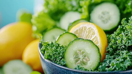 Poster - Fresh Cucumbers and Lemons on a Bed of Green Leafy Vegetables