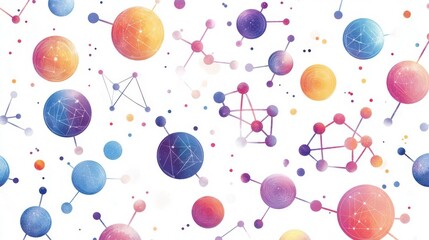 Poster - A vibrant abstract design featuring colorful spheres and interconnected lines, reminiscent of molecular structures or cosmic elements.