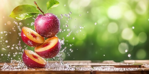 Poster - Fresh Plums Splashing in Water with Green Background and Bokeh Effects