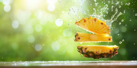 Fototapete - Fresh Pineapple Slices Splashing in Water with Green Background