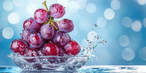 Poster - Fresh Grapes Splashing in Water with Sparkling Background Effect