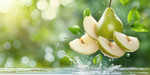 Poster - Fresh Pear Splashing in Water with Leaves and Green Background