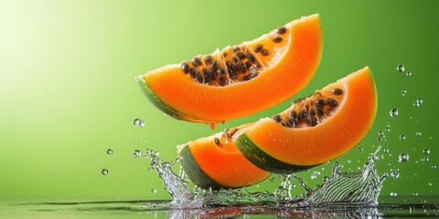 Poster - Fresh and Juicy Watermelon Slices Splashing in Bright Green Background