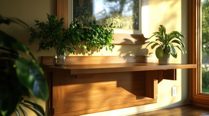 Poster - Sunlight Glimmers Through Window Onto Elegant Wood Wall-Mounted Desk Decorated with Potted Green Plants and Beautiful Framed Landscape Artwork