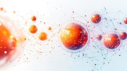 Poster - Abstract digital illustration of interconnected spheres with a network design, featuring red and orange tones against a light background.