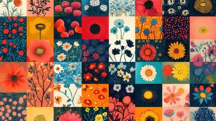 Poster - A vibrant collage of floral illustrations featuring various patterns, colors, and styles, showcasing the beauty of flowers in an artistic arrangement.