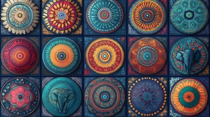 Poster - A vibrant collection of decorative circular patterns featuring intricate designs and colors, showcasing artistic craftsmanship in a visually striking arrangement.