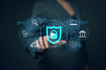 Fototapete - Businessman finger touching padlock icon.Cybersecurity protection concept.Innovative digital crime prevention technology.Financial data protection financial transaction security.