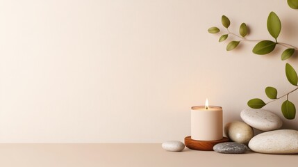 Poster - A tranquil setting featu a lit beige candle on a wooden base surrounded by smooth grey and white stones with a green leafy branch background