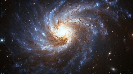Spiral Galaxy in Deep Space: Blue, Gold, and Brown Cosmic Swirl
