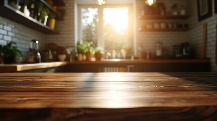 Poster - Close-up of Dark Brown Wooden Table in Sunlit Kitchen with Exposed Brick, Plants, and Shelving Creating a Warm and Inviting Atmosphere at Home