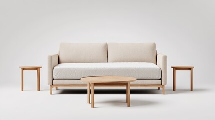 Poster - Beige fabric sofa with light wood legs and matching side tables, larger circular coffee table, set against a minimalist white background interior design
