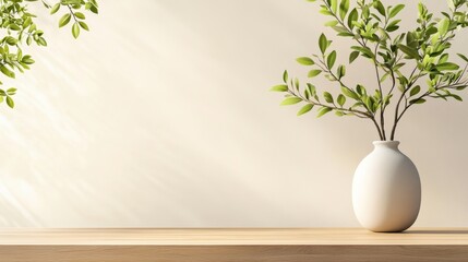 Poster - minimalist scene with a light beige wall illuminated by warm sunlight, light wood surface, and a whi