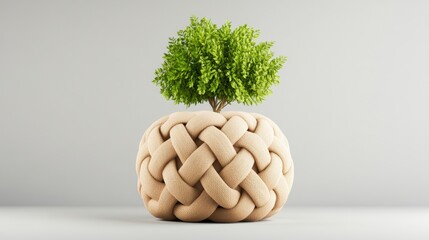Poster - A small vibrant green tree atop a large round beige planter made of braided fabric material set against a minimalist light gray background decor
