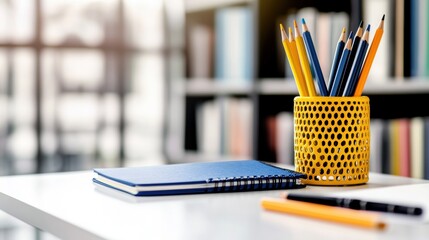 Poster - A vibrant yellow perforated cylindrical pencil holder filled with colorful pencils on a desk beside a closed spiral notebook and two pens with a blurred shelf