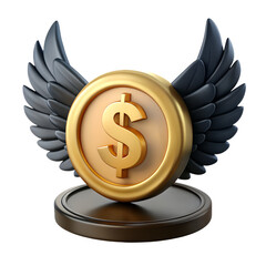 Poster - Golden Dollar Coin With Black Wings Standing Land Transportation Isolated on White Background Platform 3D Render