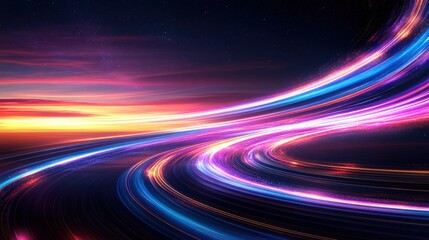 Poster - Abstract Artwork of Speeding Vehicle's Light Trails Against a Colorful Sunset and Starry Night Sky with Vibrant Swirls and Dynamic Energy Patterns