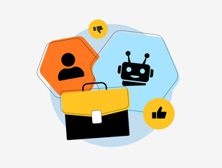 Poster - Negative impact of AI on employees. Fear of losing job to AI. Male character swears at artificial intelligence. Problems with job loss due to rapidly developing AI.
