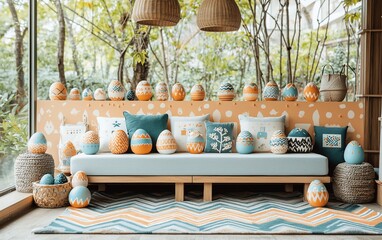 Poster - Easter themed living room decor with colorful eggs and cushions