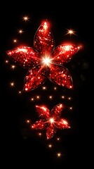 Poster - Two vibrant red flowers adorned with shimmering sparkles float gracefully against a black backdrop, evoking wonder and beauty