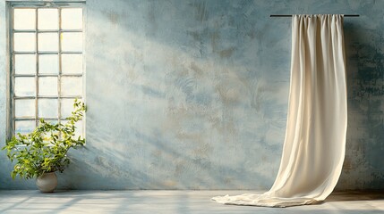 Poster - Empty room with large window, light cream linen curtain, and textured light blue wall