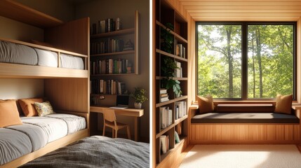 Poster - Cozy minimalist rooms with built-in wooden bunk beds, bookshelves, small workspace, and a serene window seat overlooking lush greenery scenery
