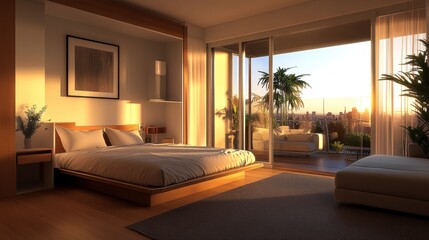 Poster - Sun-drenched modern bedroom with low platform bed, sliding glass doors to city balcony, stunning sunset view and elegant minimalist decor elements.