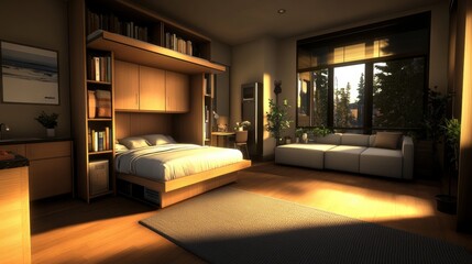 Poster - Sunlight floods a modern minimalist studio apartment with Murphy bed, bookshelves, workspace, small sofa, large overlooking serene wooded view