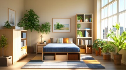 Poster - Bright and Airy Sunlit Bedroom Featu Light Wood Furniture, Built-In Bed Storage, Abundant Potted Plants, and Large Cityscape View Window