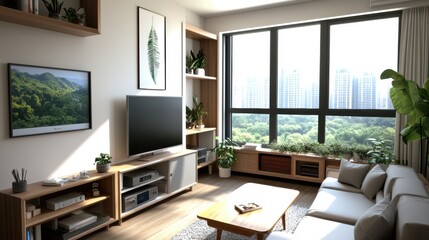 Poster - Sunlit modern living room with large , light-wood furniture, flat-screen TV, and potted plants creating a bright urban cityscape atmosphere