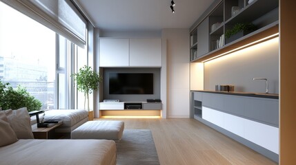 Poster - Modern minimalist living room design featu large , light wood floors, built-in entertainment center and a stylish integrated kitchen area.