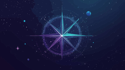 Poster - Cosmic Compass Rose in Starry Sky Vector, Abstract Navigation in Space, Business Direction Concept, Minimalist Universe Design, Planets and Stars Wireframe
