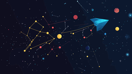 Poster - Abstract Arrow in Starry Sky - Business Direction, Growth and Strategy Concept in Vector Wireframe Style with Planets and Stars