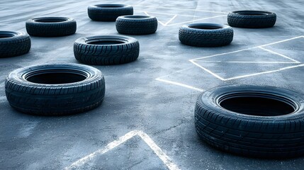 Aufkleber - A set of used tires arranged in a visually striking geometric pattern creating a minimalist and abstract design on a concrete surface