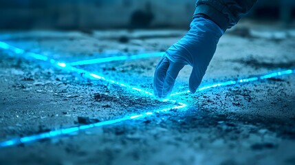Aufkleber - Close up of a forensic investigator s gloved hand carefully examining the ground with a UV light to uncover clues and gather evidence at a crime scene