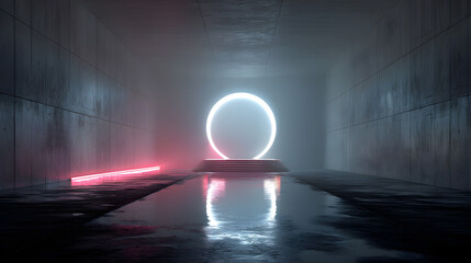 Poster - Ethereal Light Portal in Dark Industrial Room with Reflection on Wet Floor and Neon Accents Creating a Mysterious Atmosphere for Artistic Imagination