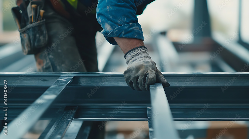 Construction worker securing steel framework for a building. Featuring ...