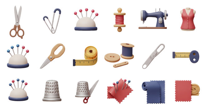 Colorful 3D Rendered Sewing Kit Icons On Transparent Background