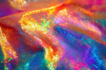 Poster - Stunning holographic rainbow foil texture featuring iridescent patterns ideal for vibrant designs in fashion, beauty, and artistic creations