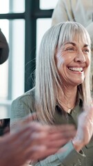 Aufkleber - Mature, business woman and applause at conference for success, achievement or excellence. Smile, clapping hands and celebration in office with manager for milestone, praise or talk to team at seminar