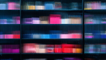 Poster - abstract background with ribbed frosted transparent glass and things behind it . Generative AI