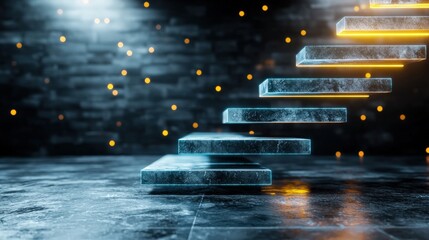 Poster - illuminated glass steps leading upwards in a dark environment modern architecture visual atmospheric