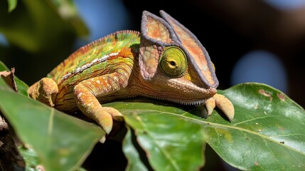 Aufkleber - Close-up shot of a colorful chameleon perched on green leaves. The chameleon displays a mix of orange, green, and yellow patterns, set against a natural, blurred background.  The sunlight enhances