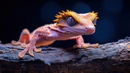 Poster - Detailed close-up of a crested gecko with light orange coloration and unique crown-like scales, perched on a textured wooden log against a dark, out-of-focus background. Emphasizing the reptile's