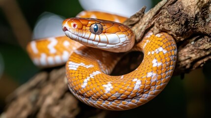 Poster - A close-up shot captures an orange snake, coiled around a branch, showcasing its white patterned scales and piercing eye. The background is softly blurred, emphasizing the snake's texture and color