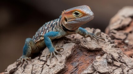 Poster - Close-up of a spiny lizard on a rough wooden surface, showcasing its vibrant colors, including a red and orange head, blue limbs, and speckled body. The image captures the intricate details of the