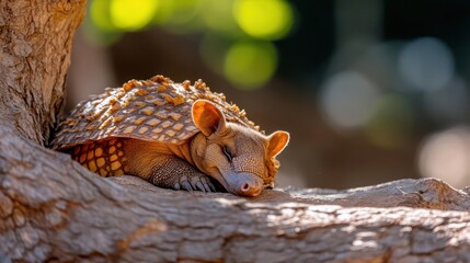 Aufkleber - A close-up shot of a small, golden-brown armadillo nestled on a tree branch. The animal is positioned with its head resting, creating a peaceful and serene scene. The background is softly blurred