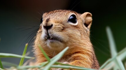 Aufkleber - Close up of a golden brown squirrel with whiskers amidst green grass, set against a blurred dark green background. Focus on the animal's face, its black eyes reflecting light, capturing its curious
